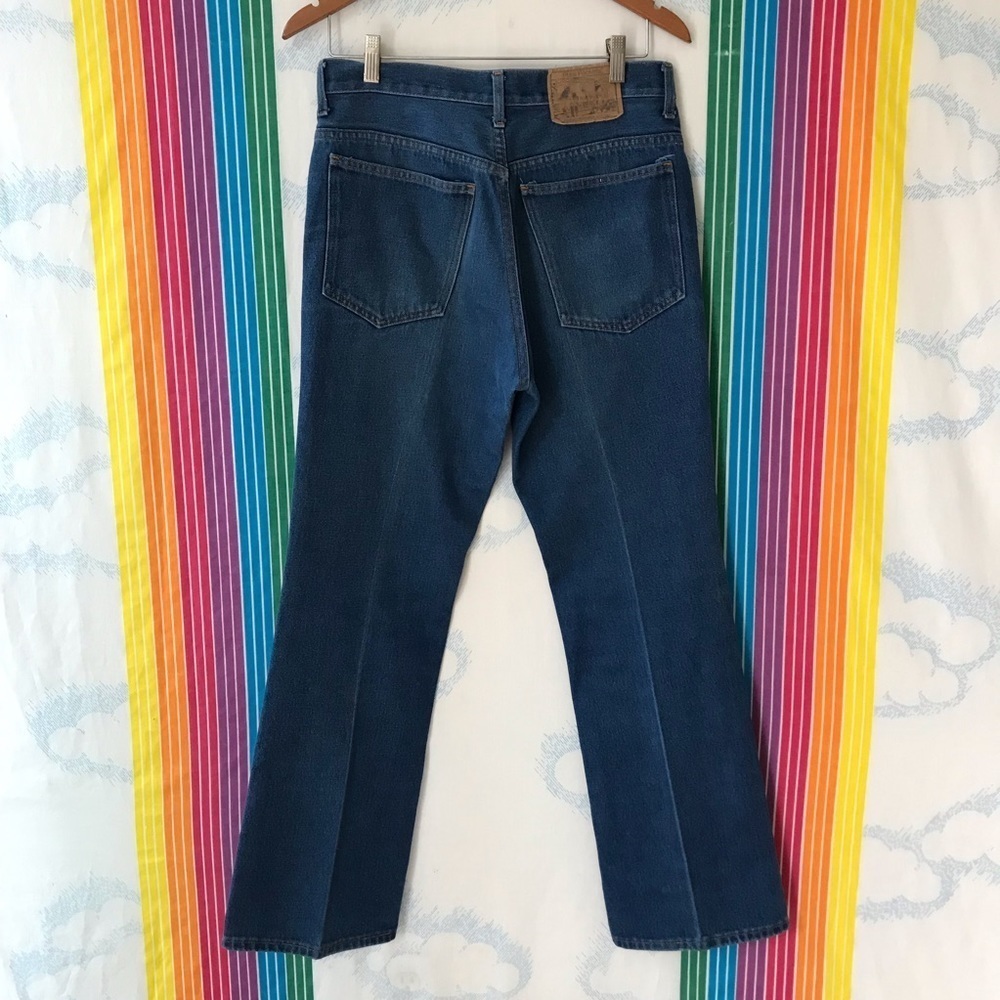 VINTAGE 70s pleated dark wash straight leg denim jeans trendy 32 waist